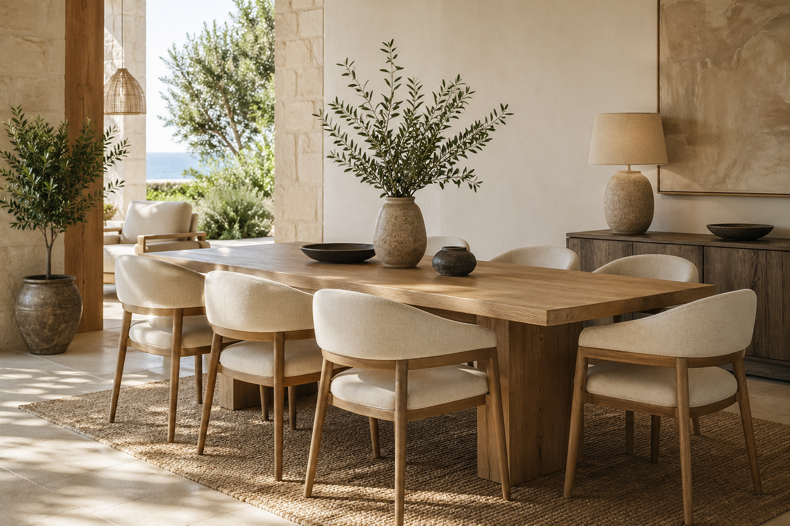 Natural wood dining furniture display